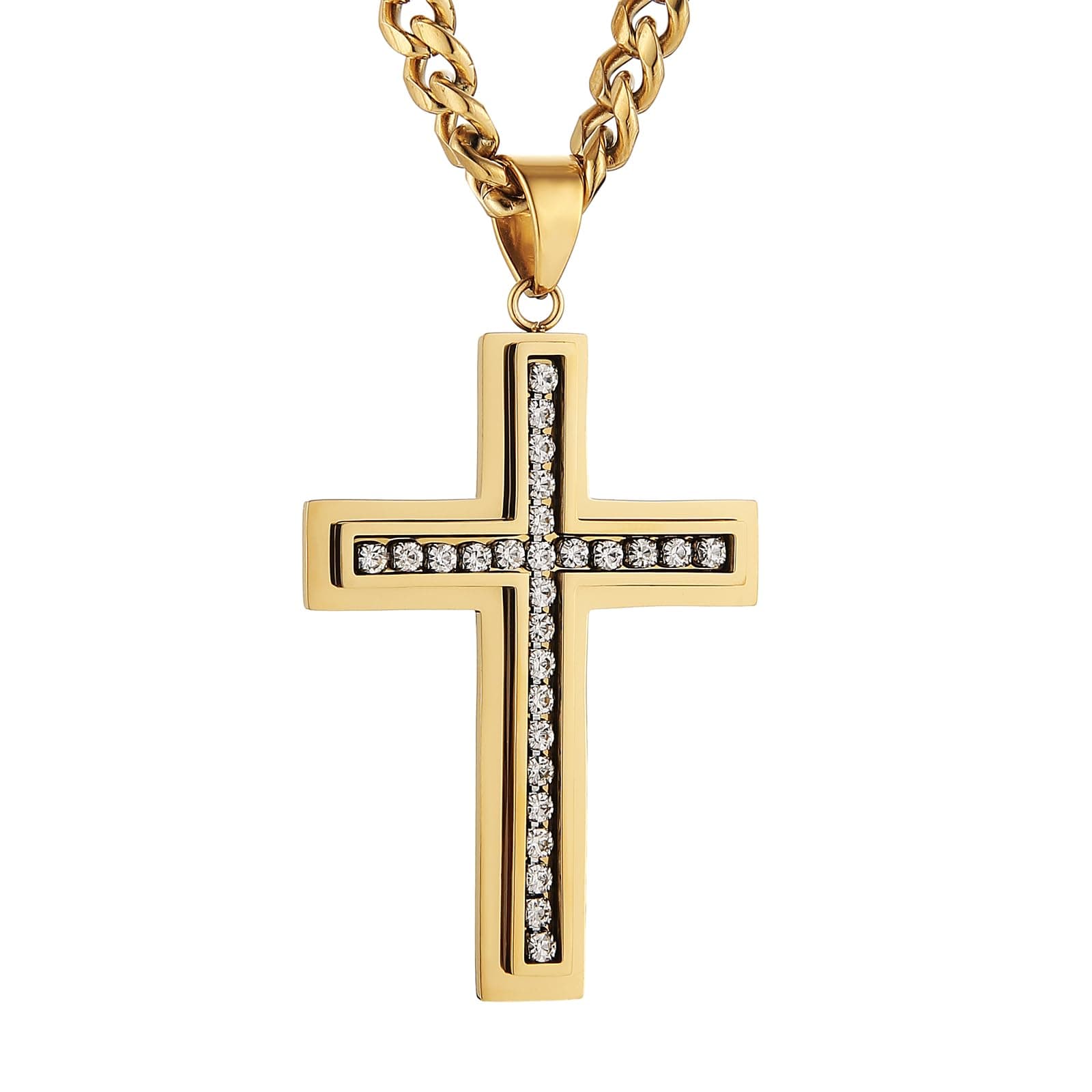 Men's Stainless Steel Cross Pendant Necklace with Cubic Zirconia Inlay and Cuban Chain