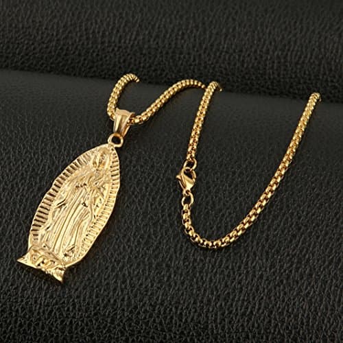 HZMAN Blessed Mother Mary Guadalupe Pendant Necklace with Steel Wheat Chain