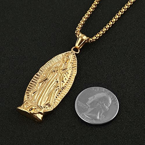 HZMAN Blessed Mother Mary Guadalupe Pendant Necklace with Steel Wheat Chain