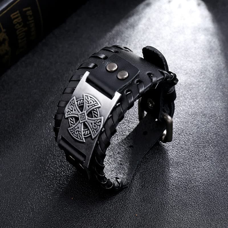 Celtic Solar Cross Bracelet, Leather Wristband with Irish Charm