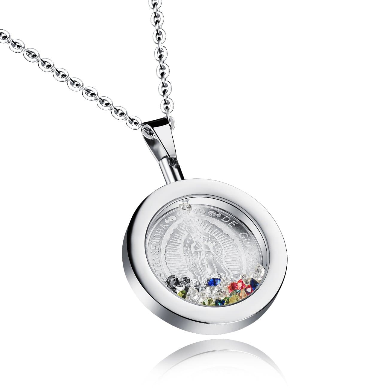 MISHOWNET Stainless Steel Rhinestone Our Lady of Guadalupe Pendant Necklace for Women