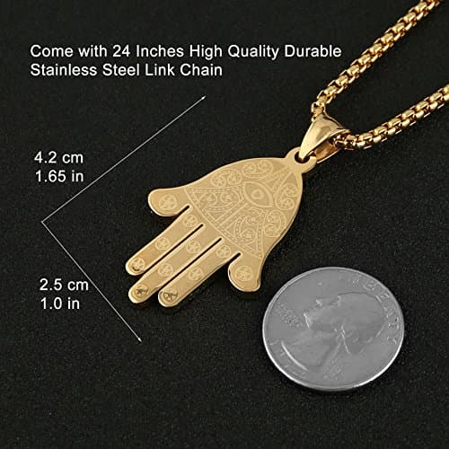 HZMAN Khamsah Stainless Steel Egyptian Eye Pendant Necklace for Success and Protection