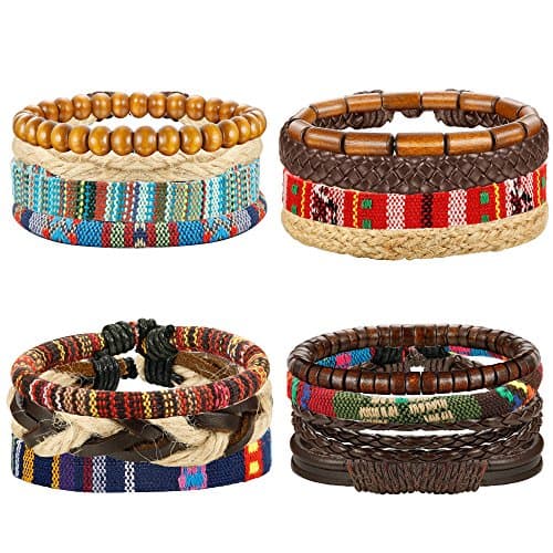 LOYALLOOK 15pcs Linen Hemp Cords Wood Beads Ethnic Tribal Bracelets