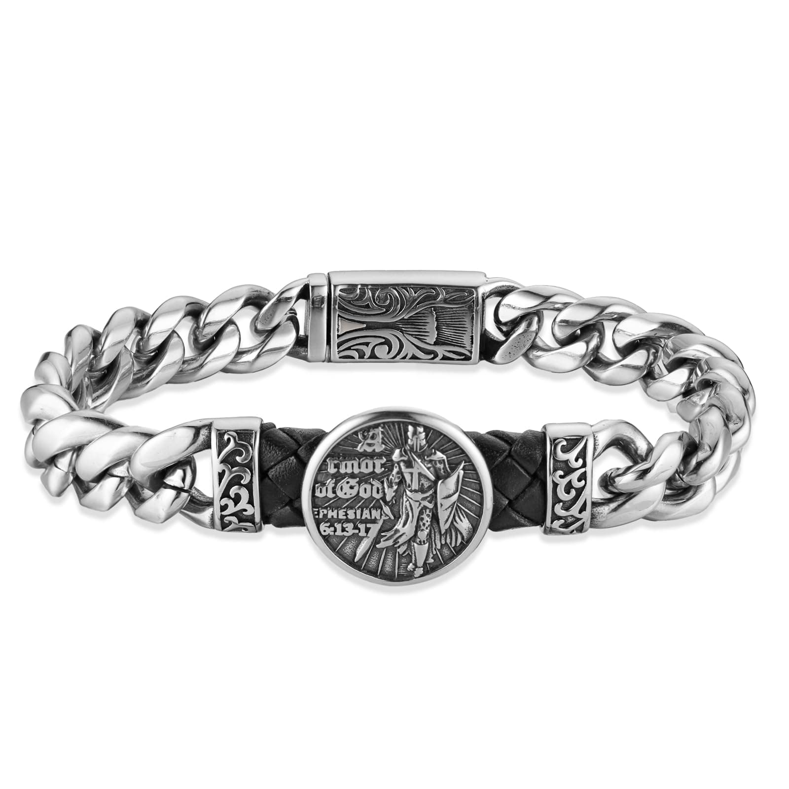 Knight Templar Red Cross Bracelet: Armor of God Stainless Steel Cuban Chain Link Bracelet