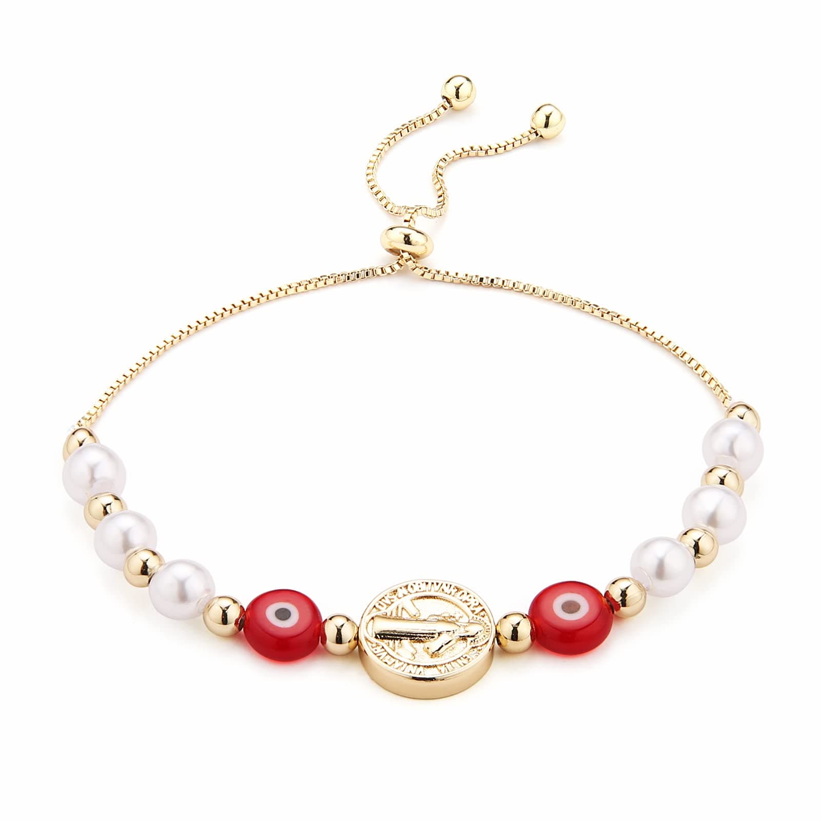 HZMAN Evil Eye Bracelet for Women Girls 14K Gold Plated Saint Benedict Medal Retro Blue Eye Bead Protection Stretch Bracelet