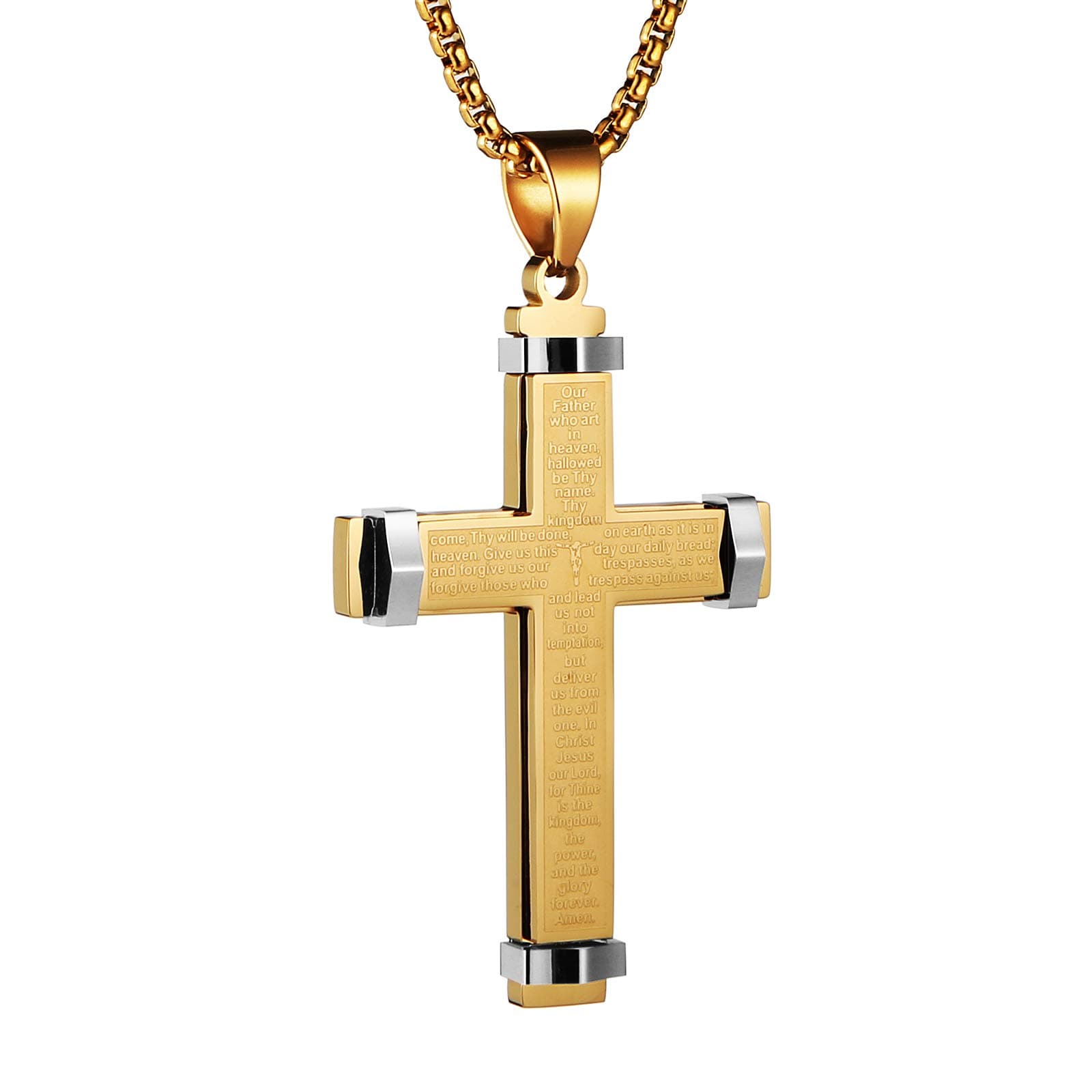 Stainless Steel Men's Large Cross Necklace with Lord's Prayer Pendant