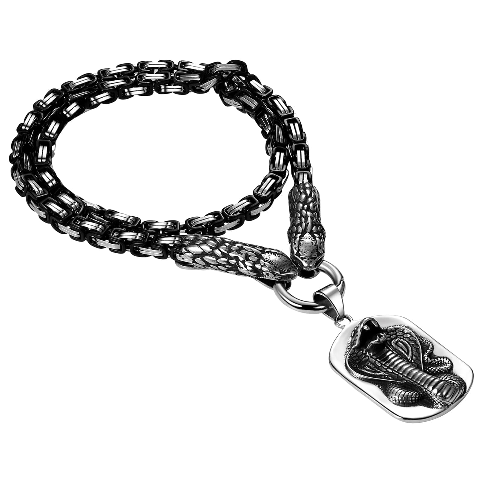 Men's Viking Snake Necklace: Vintage Double-Headed Snake Pendant Stainless Steel Norse Amulet Jewelry (Silver)