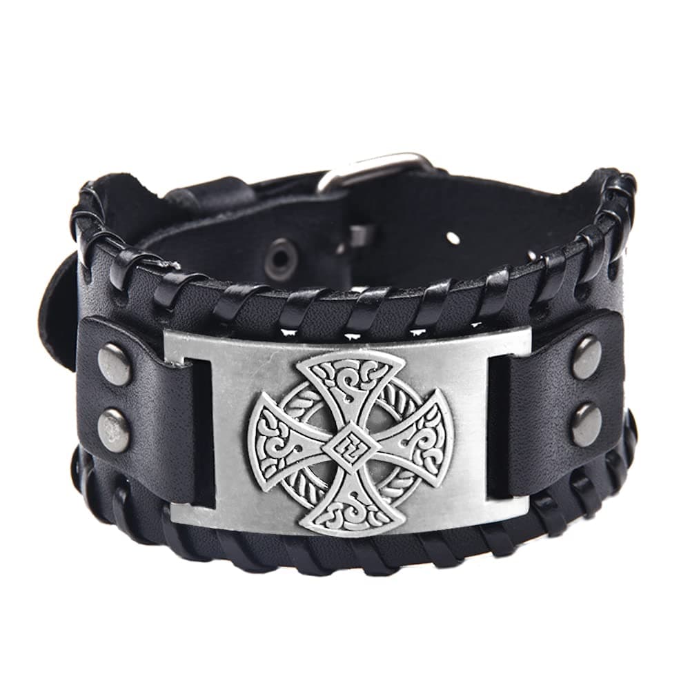 Celtic Solar Cross Bracelet, Leather Wristband with Irish Charm