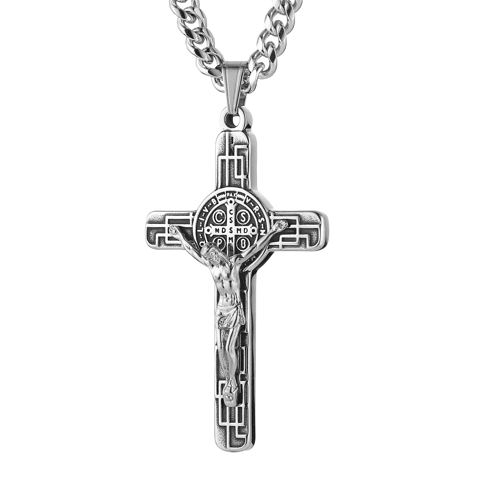 HZMAN Men's Stainless Steel Retro Saint Benedict Cross Pendant Necklace with Cuban Chain