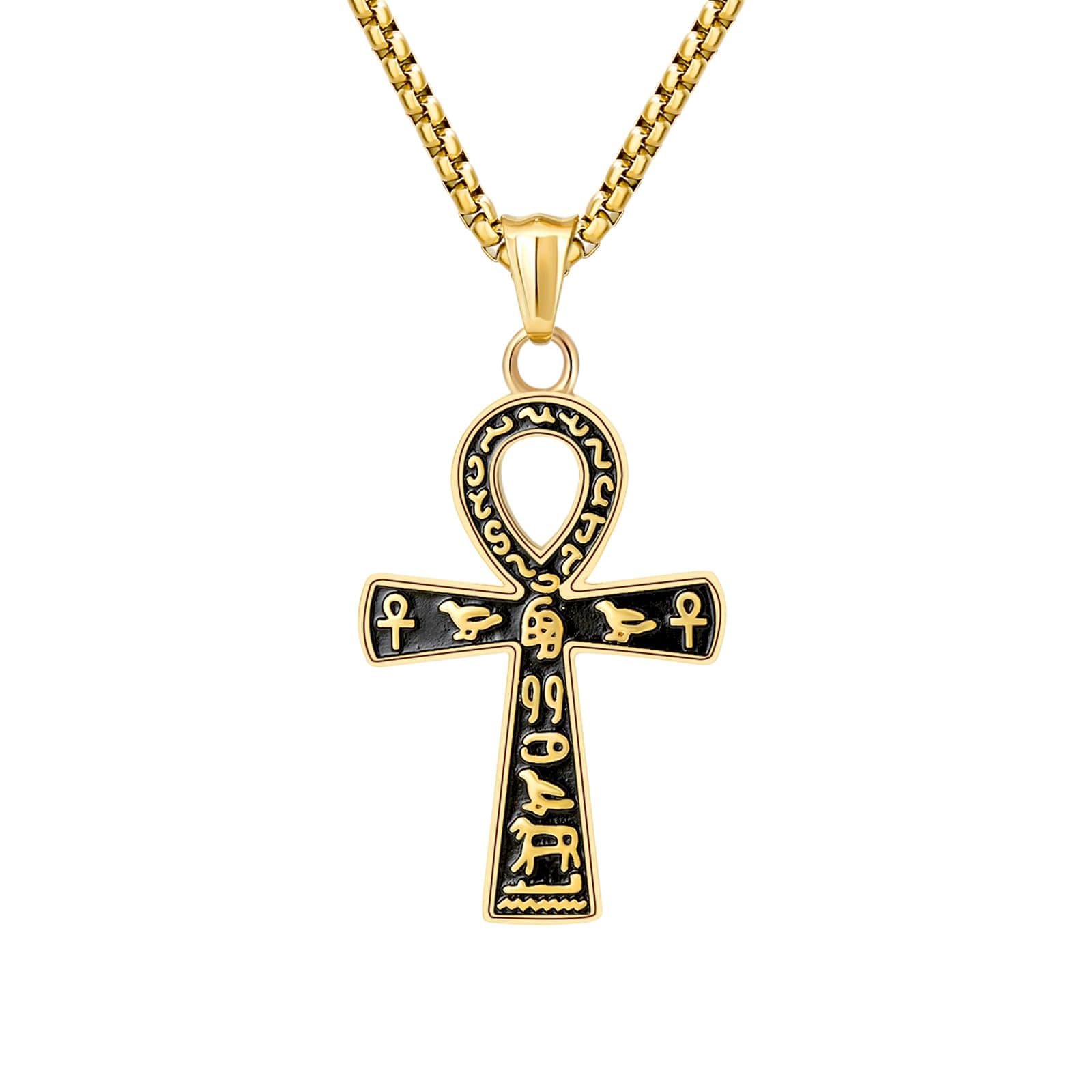 Ancient Egyptian Ankh Cross Pendant Necklace with Coptic Chain - 24 Inch Stainless Steel Chain