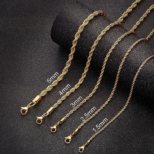 18k Gold Plated Rope Chain Necklace for Men and Women - 1.5mm to 5mm, 16 to 36