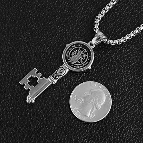 HZMAN Saint Benedict Key Pendant Against Evil Stainless Steel Necklace Silver