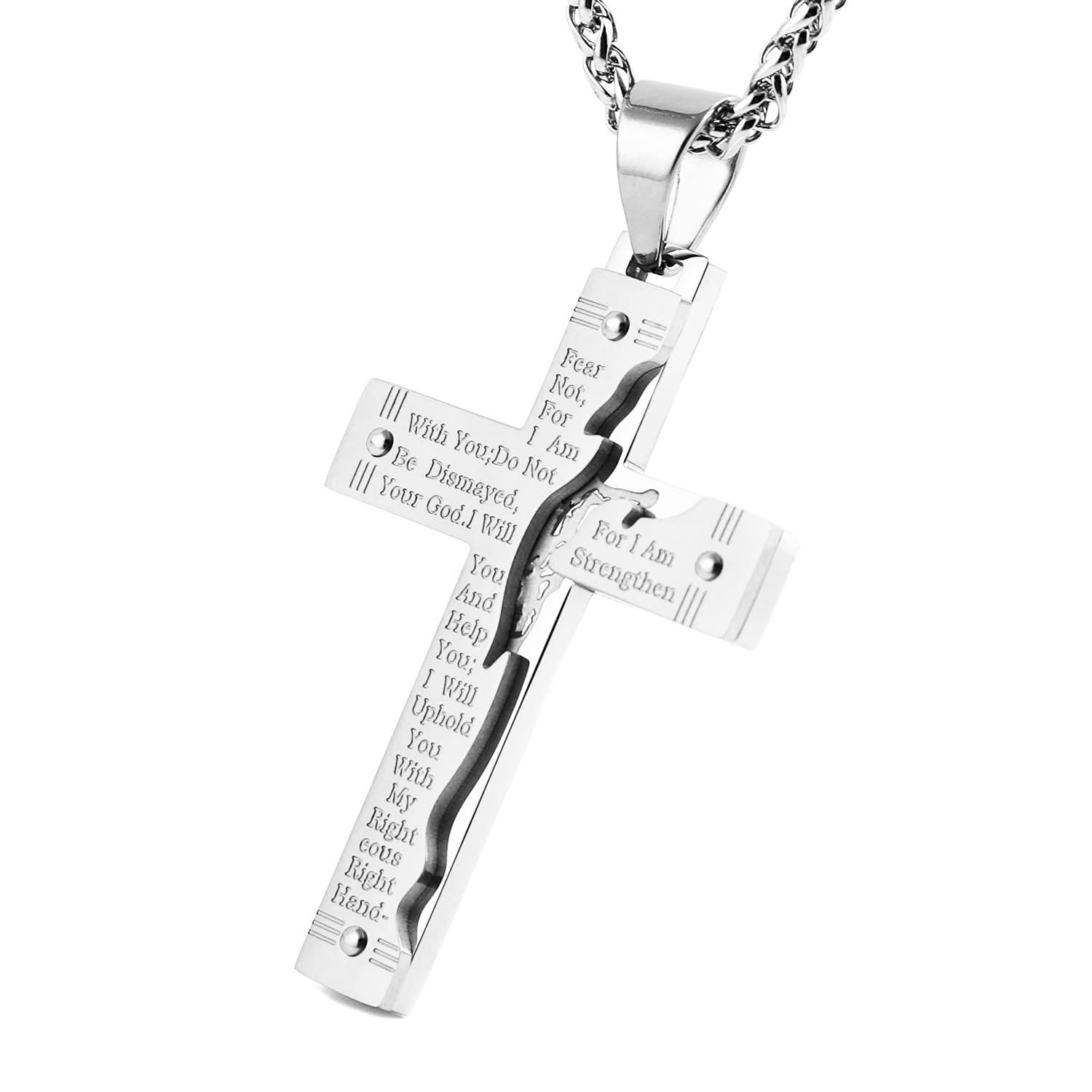 Stainless Steel Crucifix Cross Lord's Prayer Pendant Necklace