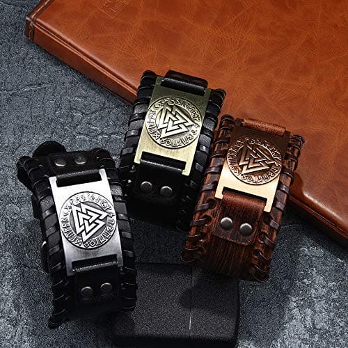Juland Punk Braided Wolf Head Mens Leather Cuff Wristband Adjustable