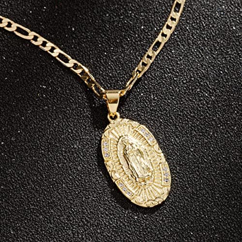 Yipima 14K Gold Plated Guadalupe Virgin Mary Pendant Necklace 3mm Figaro Chain 18/22 inches