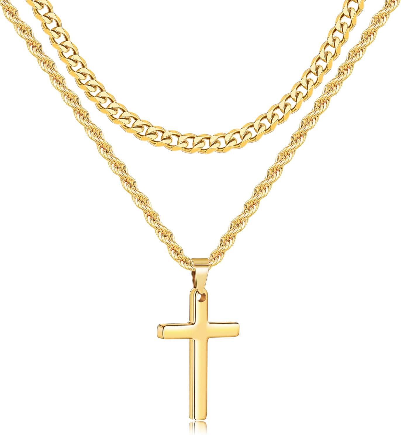 Fiusem Men and Women's Layered Cross Necklaces, Stainless Steel Pendant Chain 16-26 Inch