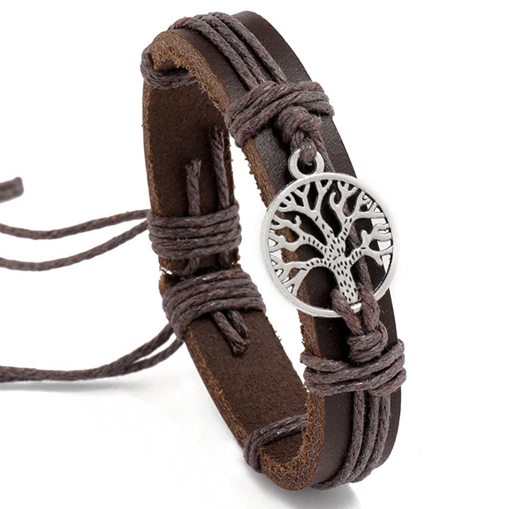 INMOFN Vintage Brown Leather Bracelet with Metal Tree of Life Pendant