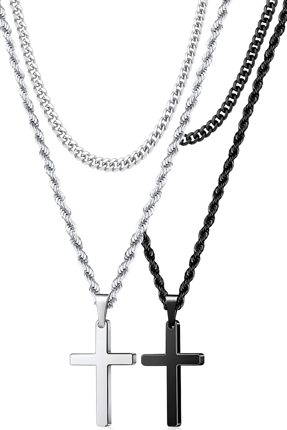 Romass Men's Silver & Black Layered Cross Necklace, Stainless Steel Pendant 18-24 Inches