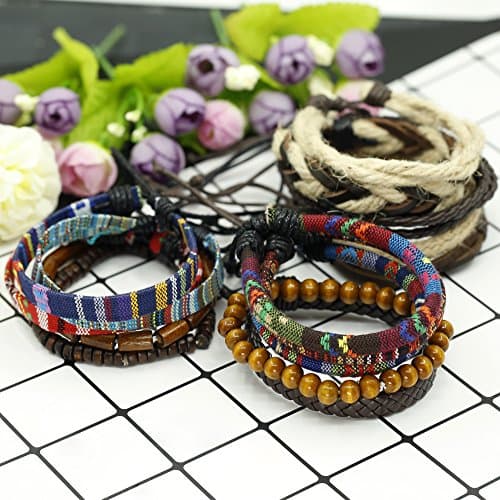 LOYALLOOK 15pcs Linen Hemp Cords Wood Beads Ethnic Tribal Bracelets