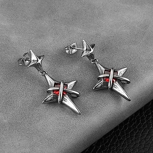 Men's Stainless Steel Gothic Punk Red Crystal Star Stud Earrings