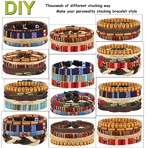 LOYALLOOK 15pcs Linen Hemp Cords Wood Beads Ethnic Tribal Bracelets