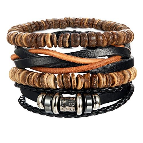 LOYALLOOK 8-34PCs Men's Leather Wrap Cuff Bracelets with Hemp Cords & Wood Beads