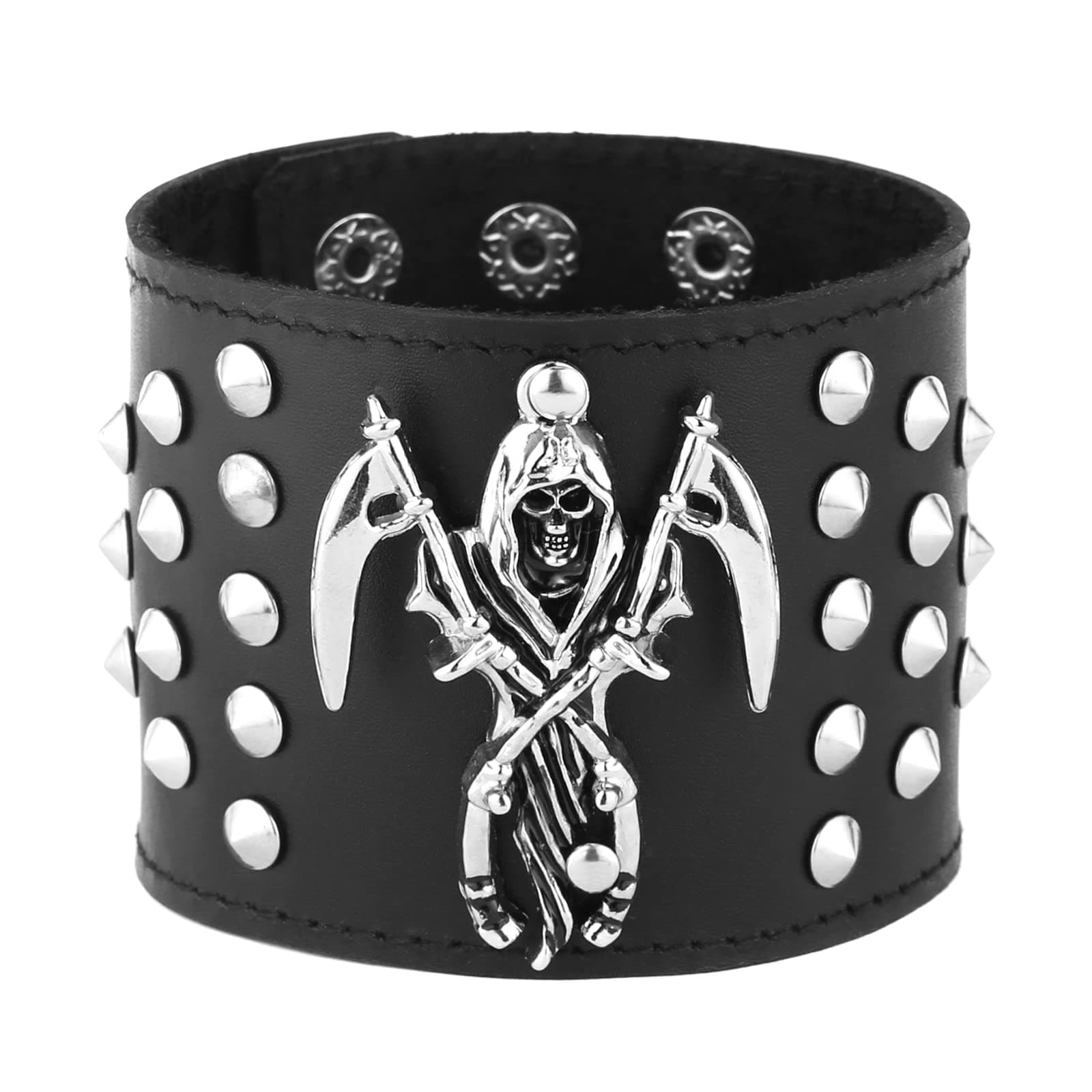 HZMAN Black Death Skull Leather Cuff Bracelet for Men