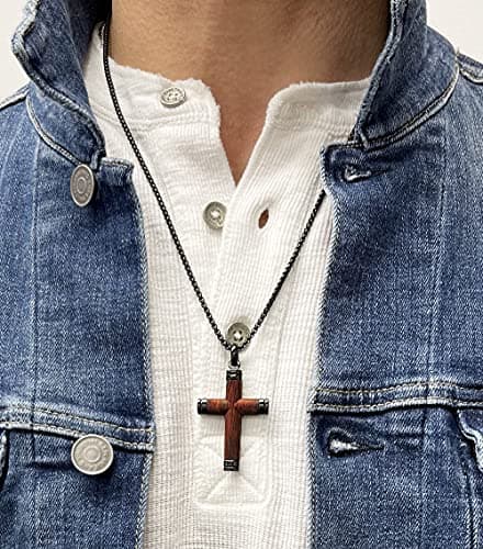 Metal Masters Co. Black Stainless Steel Cross Pendant with Real Santos Wood Necklace, 24" Round Box Chain