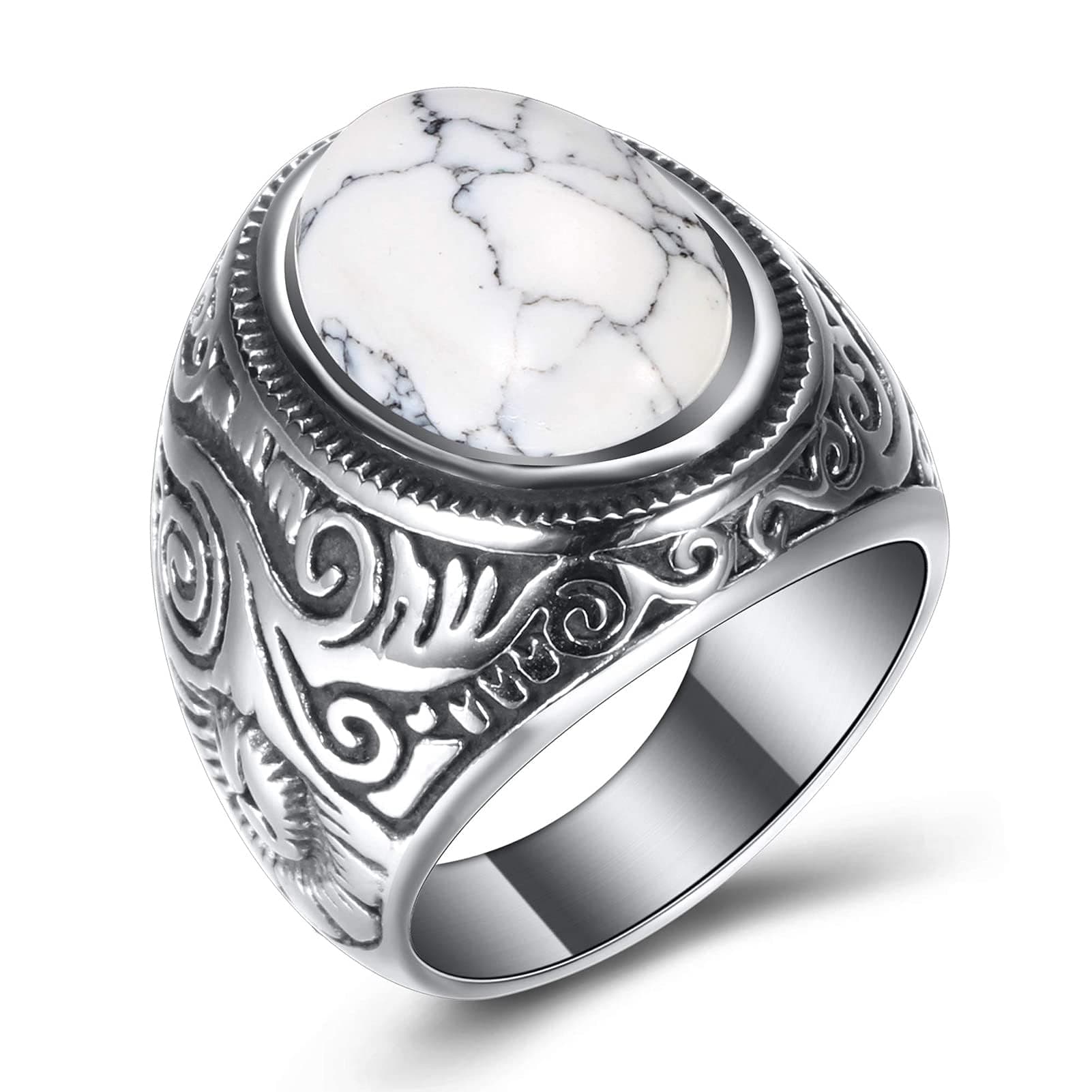 Retro Turquoise Stone Rings for Men, Stainless Steel Signet Biker Band