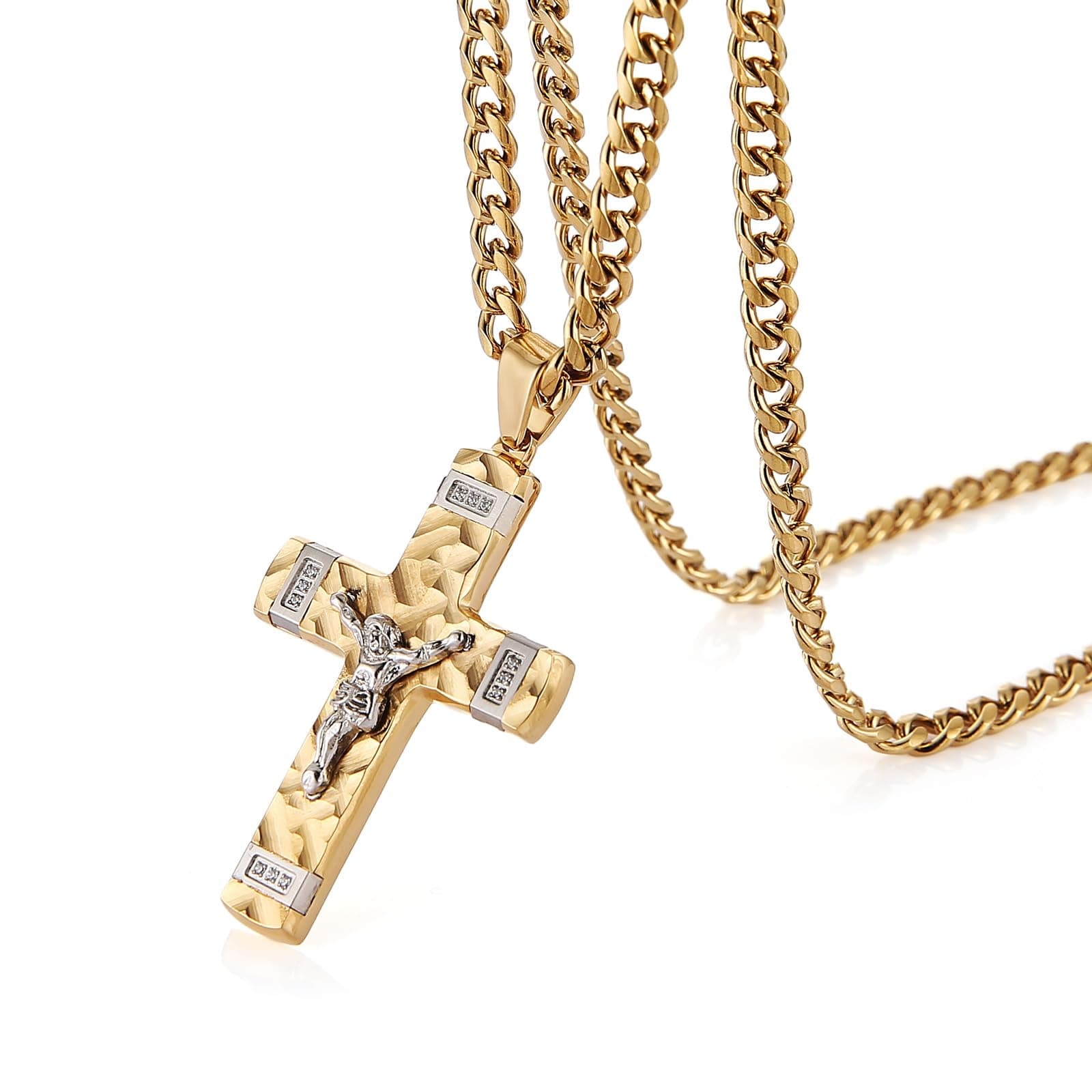 HZMAN Men's Stainless Steel Small Crucifix Necklace Christian Jewelry with 24Inch Cuban Chain