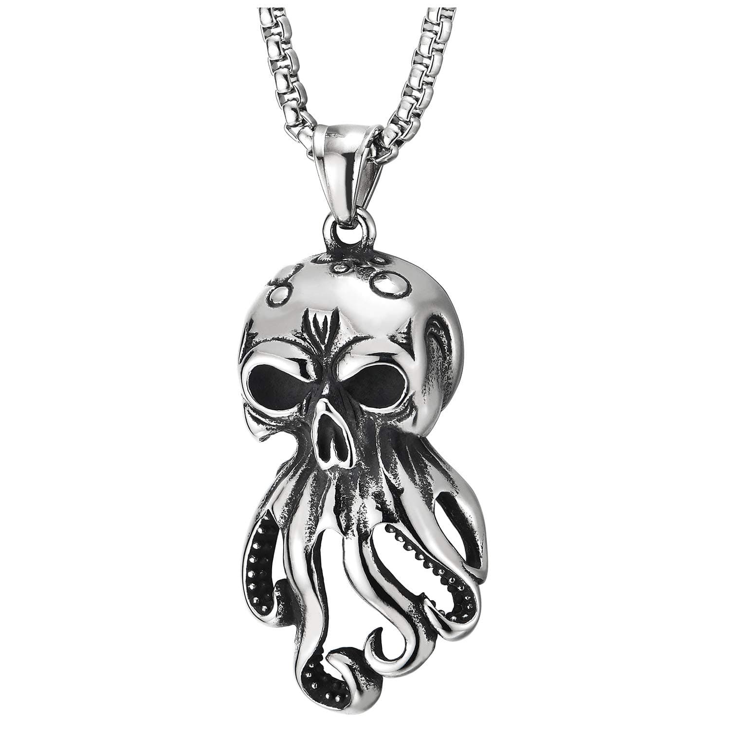 COOLSTEELANDBEYOND Vintage Octopus Skull Pendant Necklace with 30in Wheat Chain, Gothic Punk