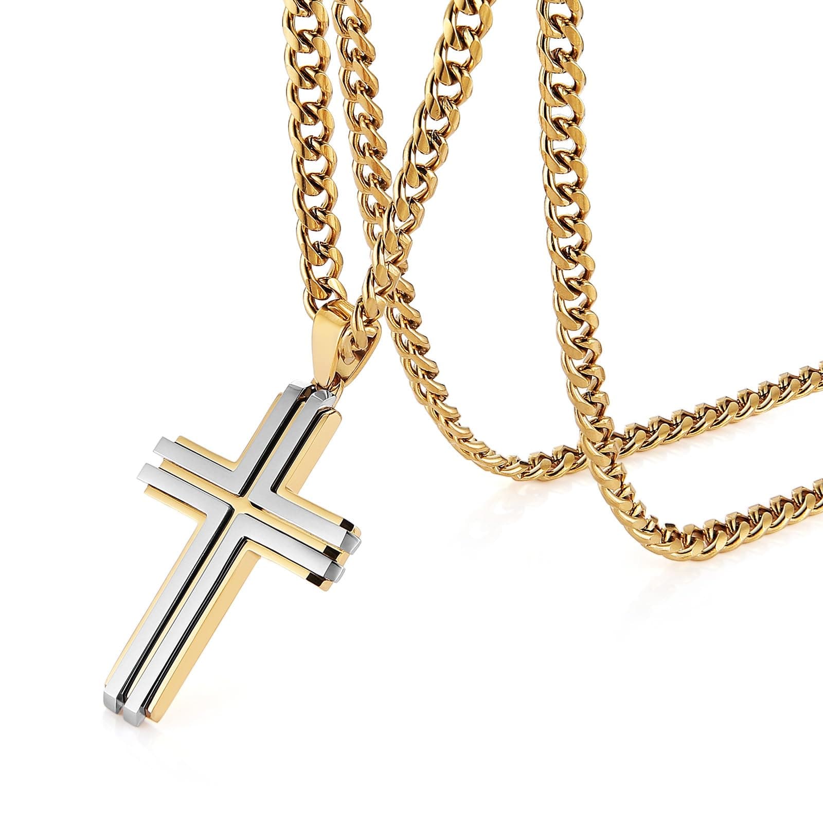 HZMAN Men's Stainless Steel Double Layer Cross Necklace Pendant Christian Faith Jewelry with 24Inch Chain