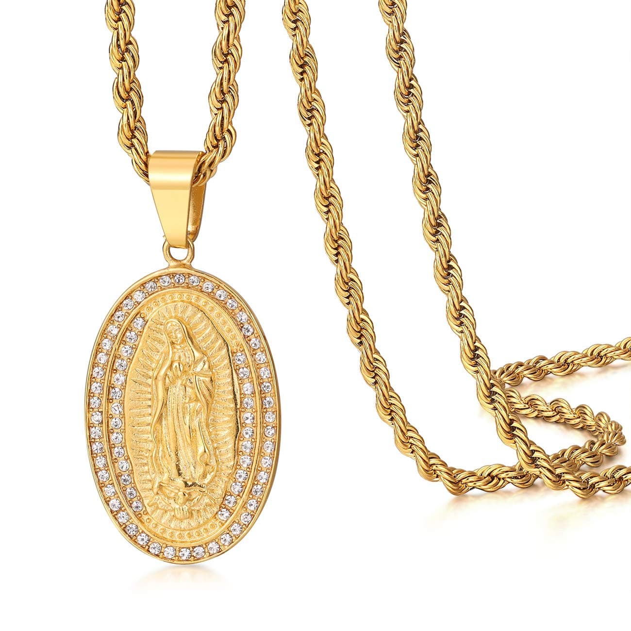 ROWIN&CO Mens 18K Gold Micro Pave Virgin Mary CZ Pendant with Gold Chain