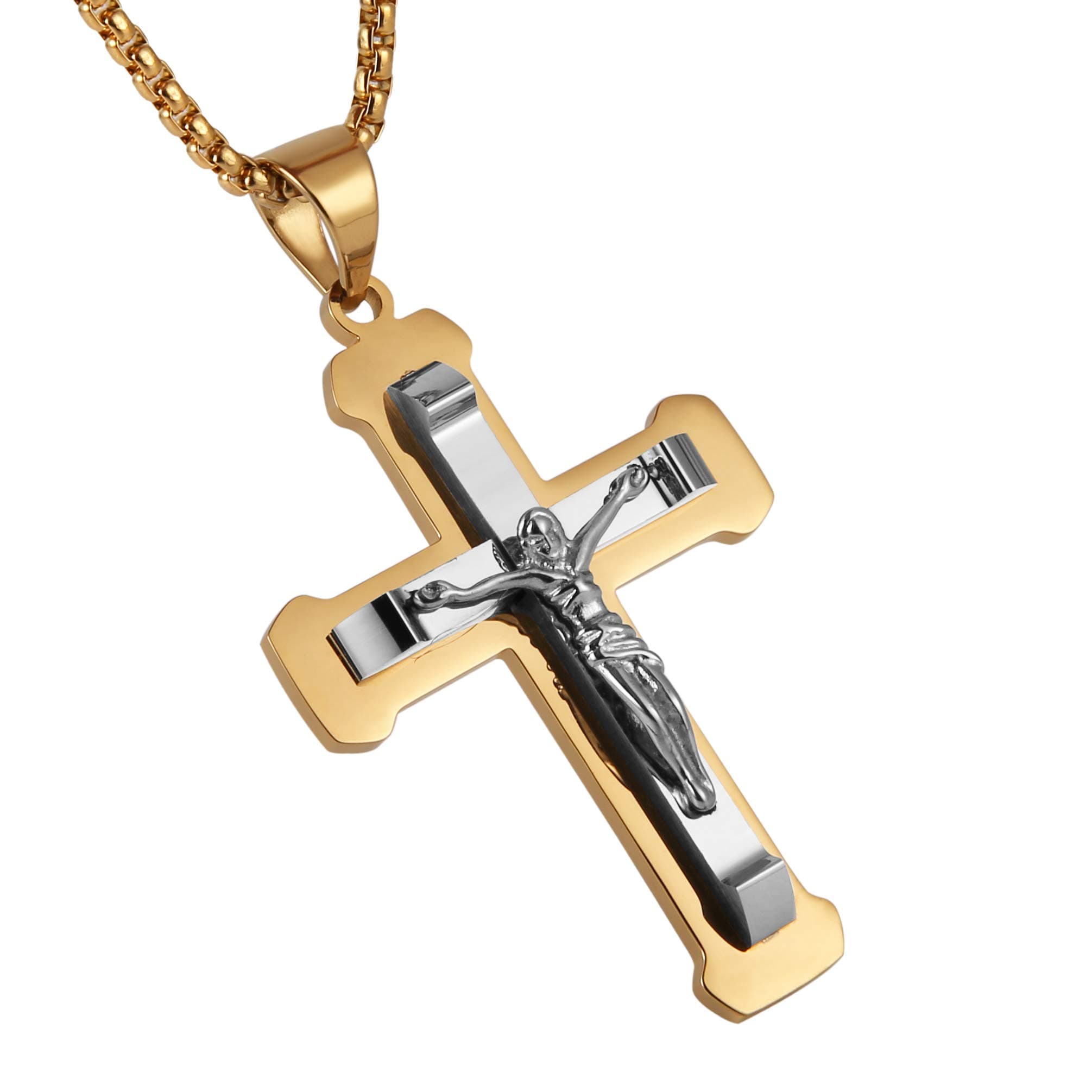 Men's Stainless Steel Jesus Pendant Necklace with Multicolor Cross