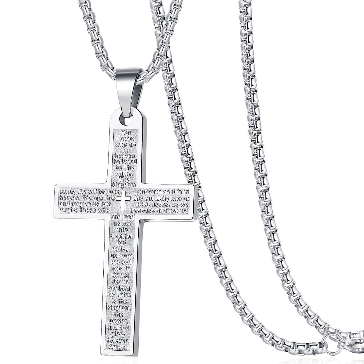 Men's Nail Lord's Prayer Cross Pendant Necklace 24" Stainless Steel Chain