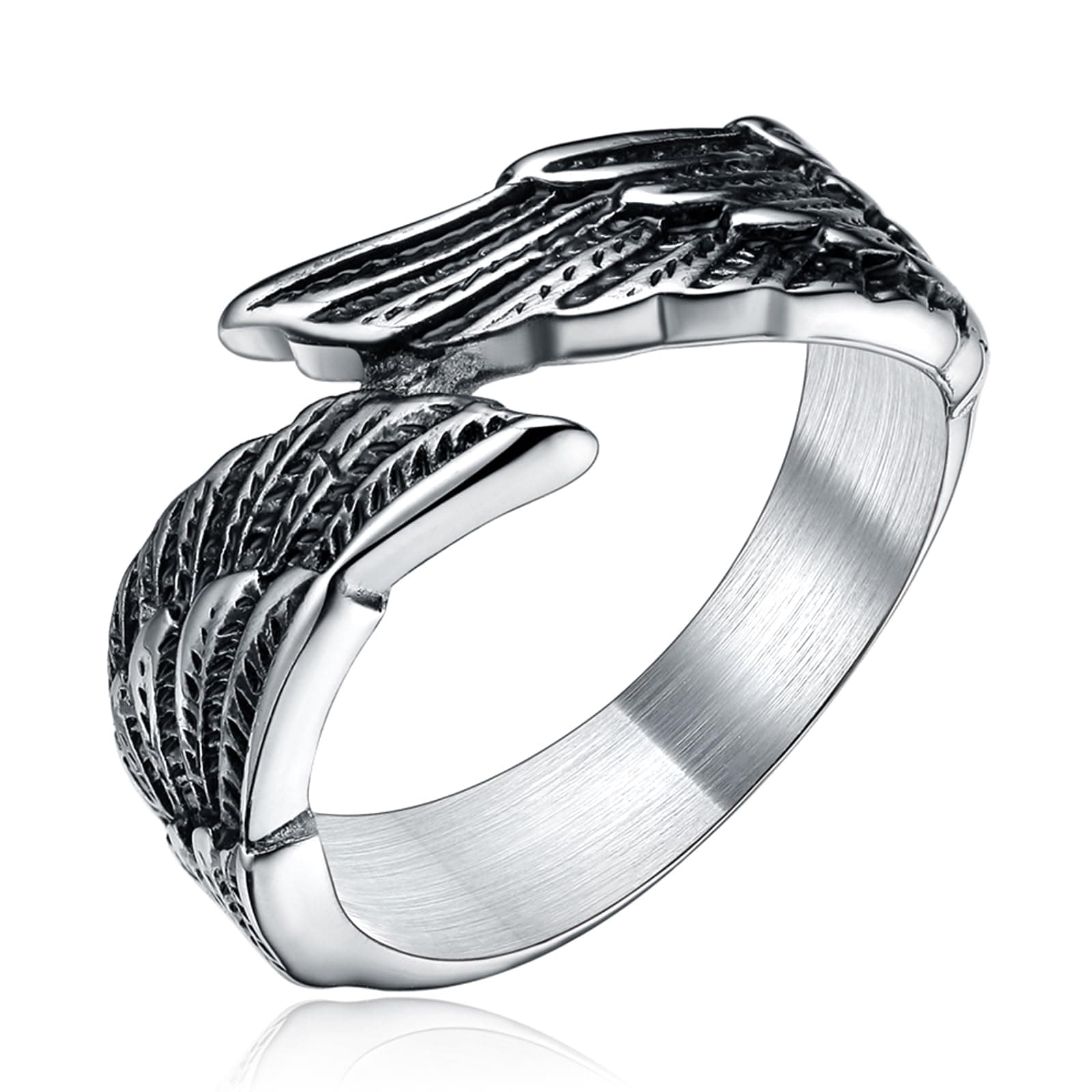 TIGRADE Antique Stainless Steel Feather Angel Wing Ring, Black Silver Band, Size 4.5-14.5