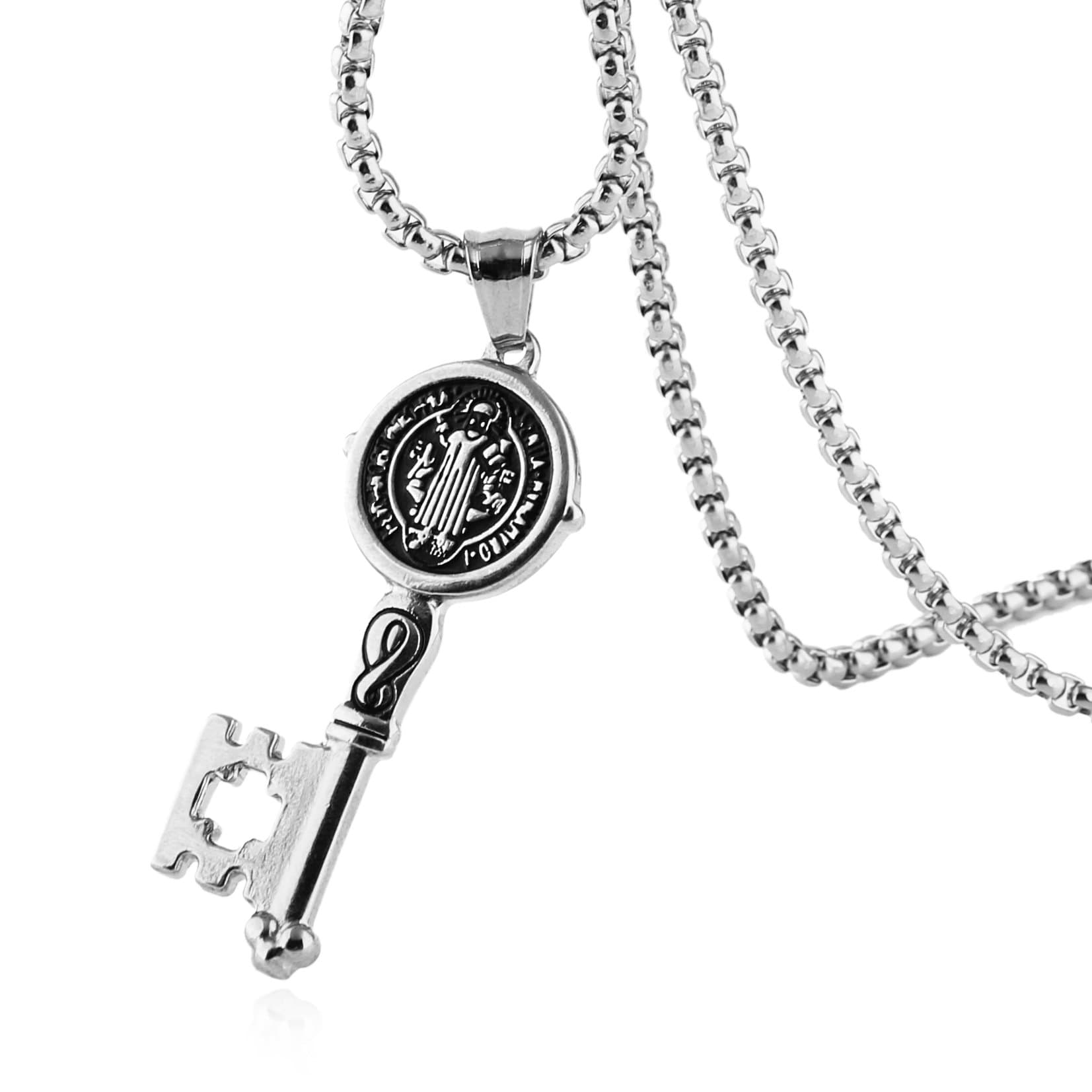HZMAN Saint Benedict Key Pendant Against Evil Stainless Steel Necklace Silver