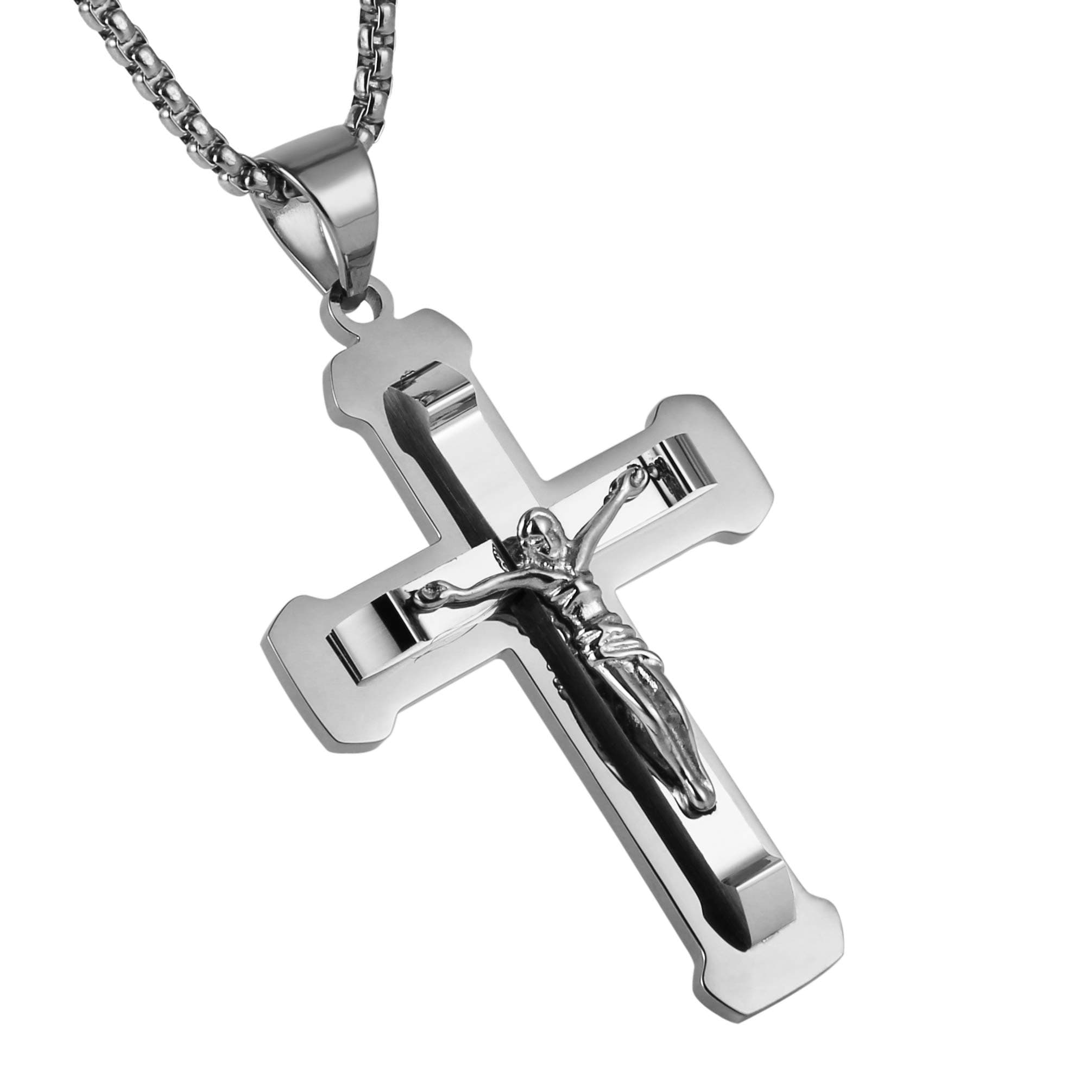 HZMAN Men's Jesus Pendant Necklace - Silver Gold Black Multicolor Cross 24 Inch Chain