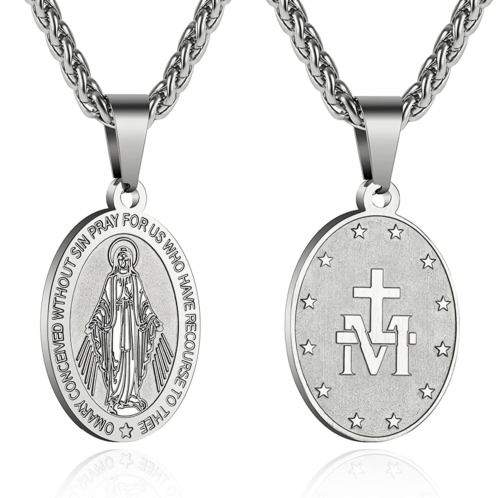 Apsvo Oval Catholic Saints Pendant Medallion, Stainless Steel Wheat Chain 24 Inches