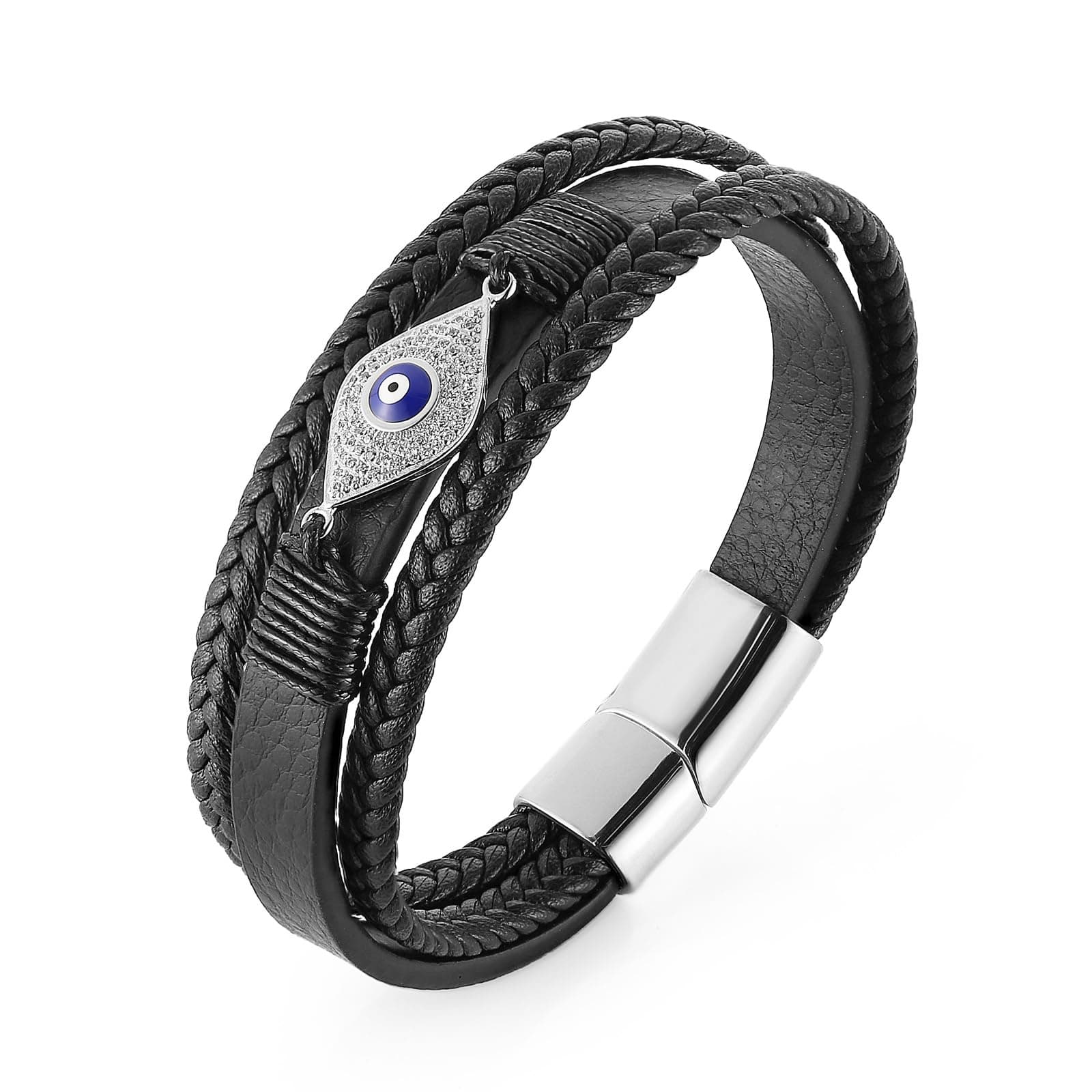 HZMAN Black Genuine Leather Evil Eye Bracelet with Rhinestones