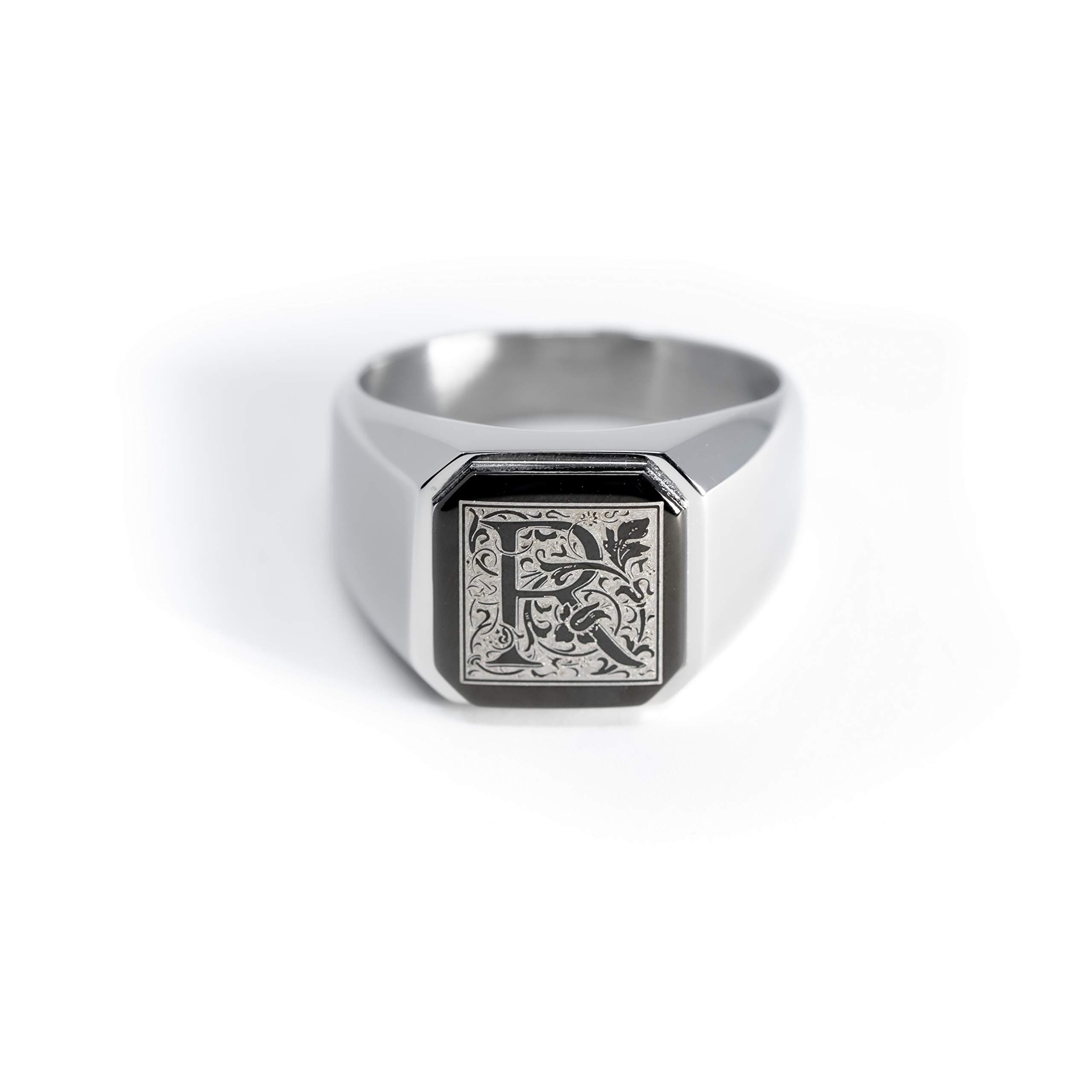 Tioneer Stainless Steel Letter Ring | Square Flat Top Men's & Women's Jewelry (Black, Gold, Silver) Size 7-16