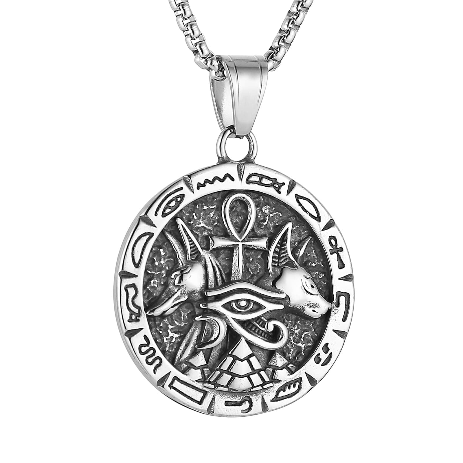 HZMAN Ancient Egyptian Symbol Necklace - Eye of Horus, Pyramid, Ankh, Anubis