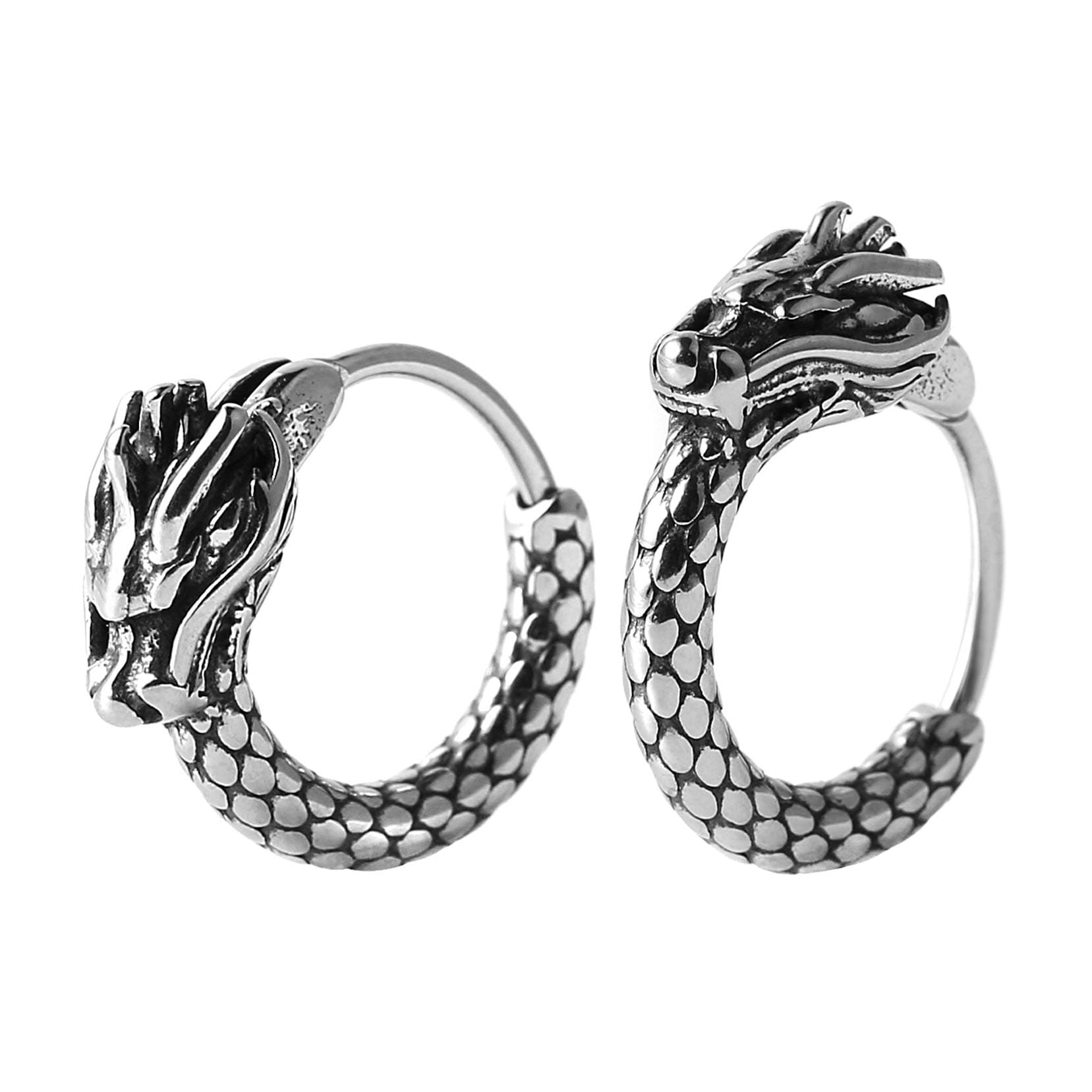 HZMAN Punk Rock Silver Dragon Stud Earrings - Men Women 2pcs