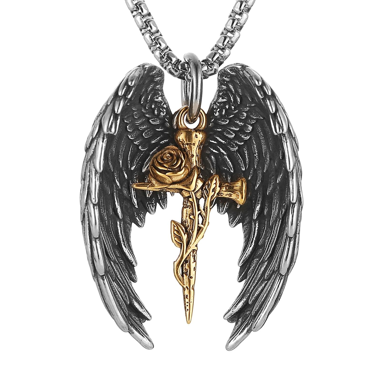 HZMAN Angel Wing Necklace, Stainless Steel Gothic Punk Cross Pendant Faith Amulet Jewelry Gift