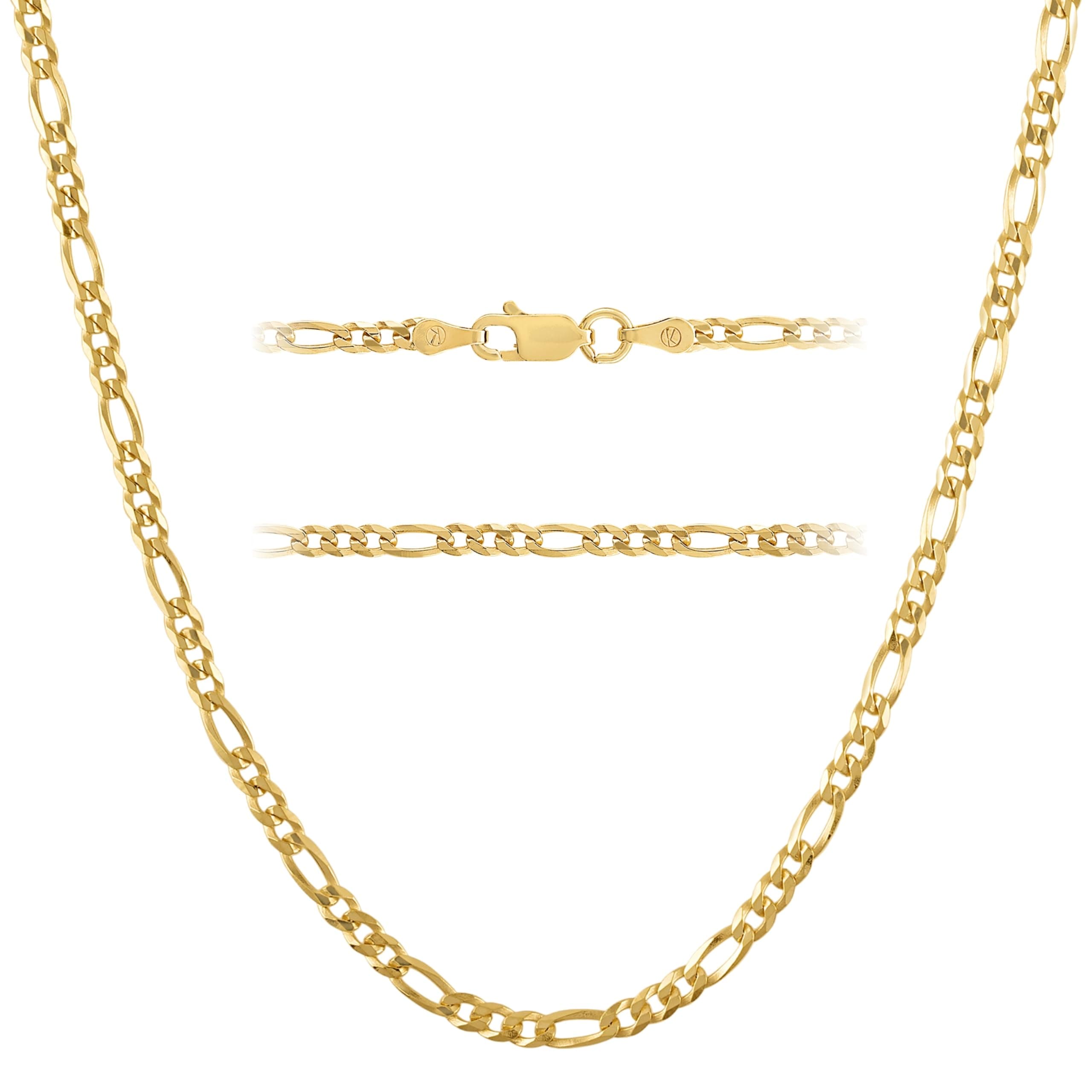 18K Gold Over Sterling Silver 3mm Figaro Link Chain Necklace - for Men & Women
