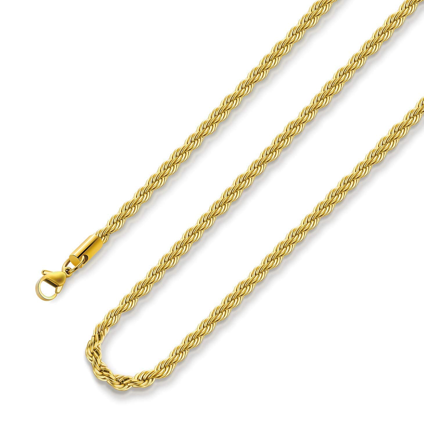 18k Gold Plated Rope Chain Necklace for Men and Women - 1.5mm to 5mm, 16 to 36