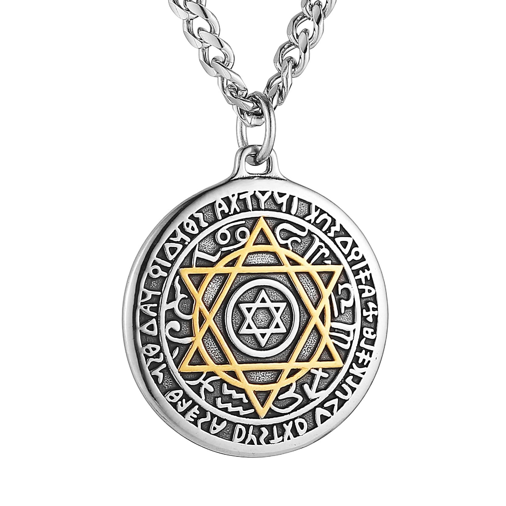 HZMAN Men's Stainless Steel Seal of Solomon Necklace - Retro Hexagram Talisman Pendant Gift