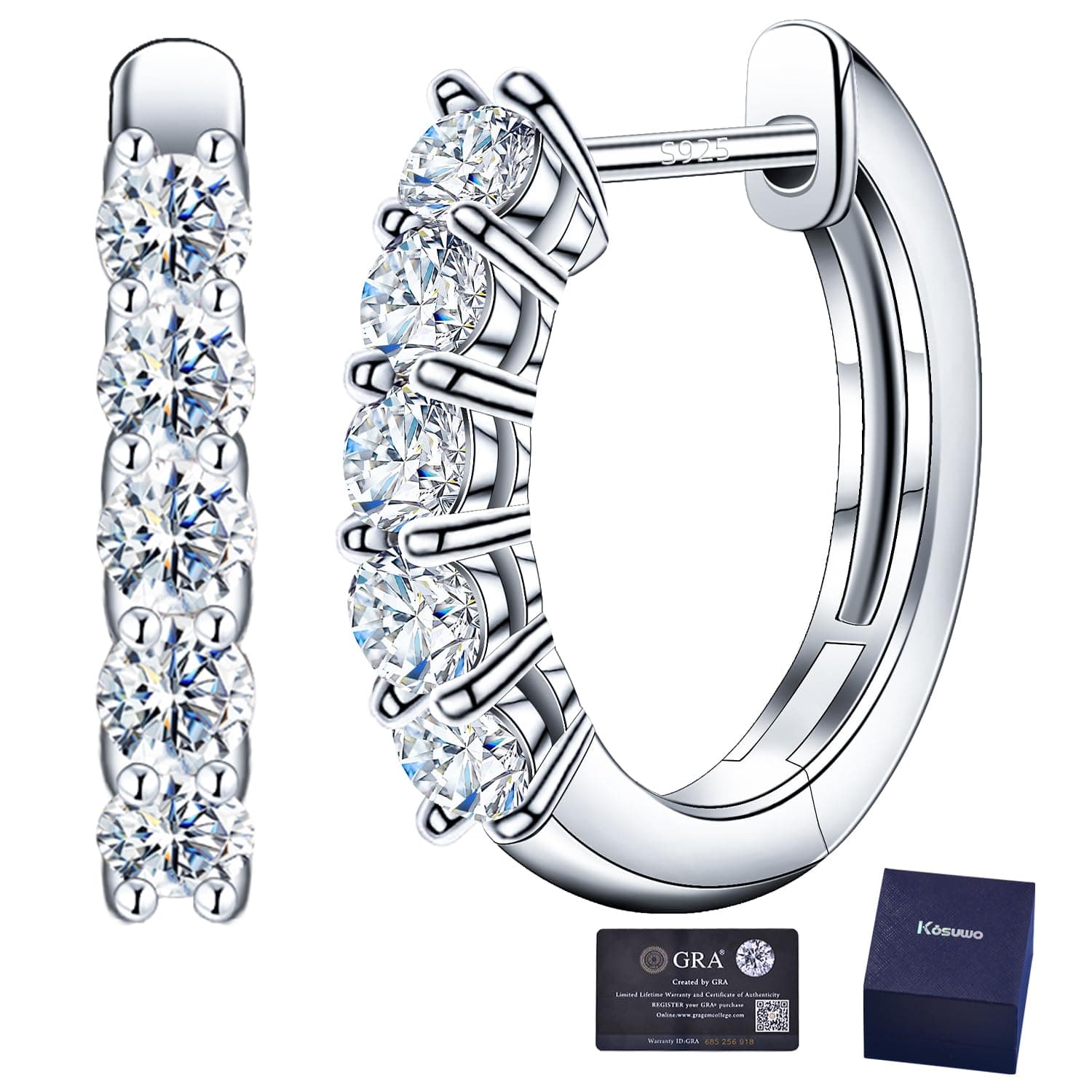 Kosuwo Moissanite Small Hoop Earrings, 18K White Gold Plated, Sterling Silver