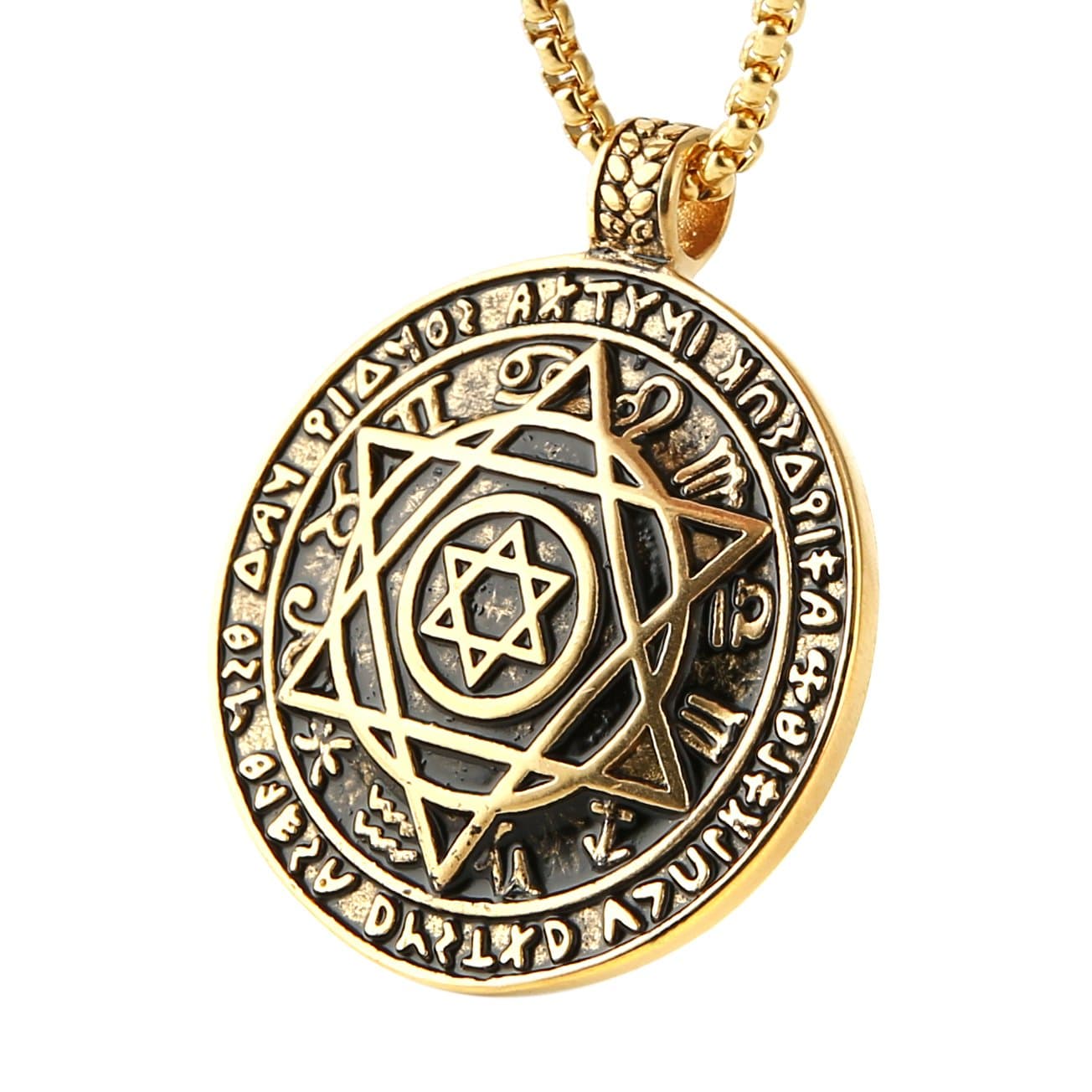 HZMAN Solomon Six-Pointed Star Talisman Pendant Necklace with 12 Constellations - Stainless Steel, 22+2 Chain