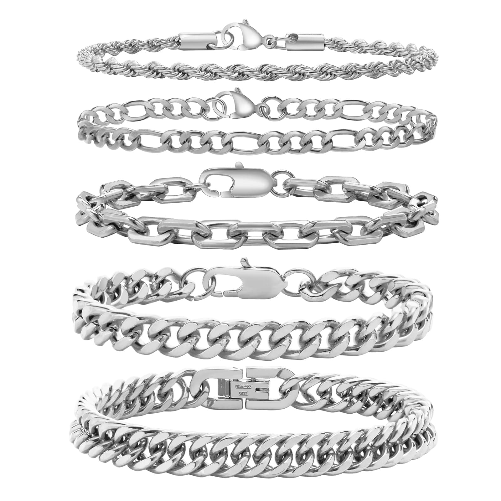 VNOX 5-7 Pcs Men Women Stainless Steel Curb Width Chain Bracelet Set 6.5-9 Inches